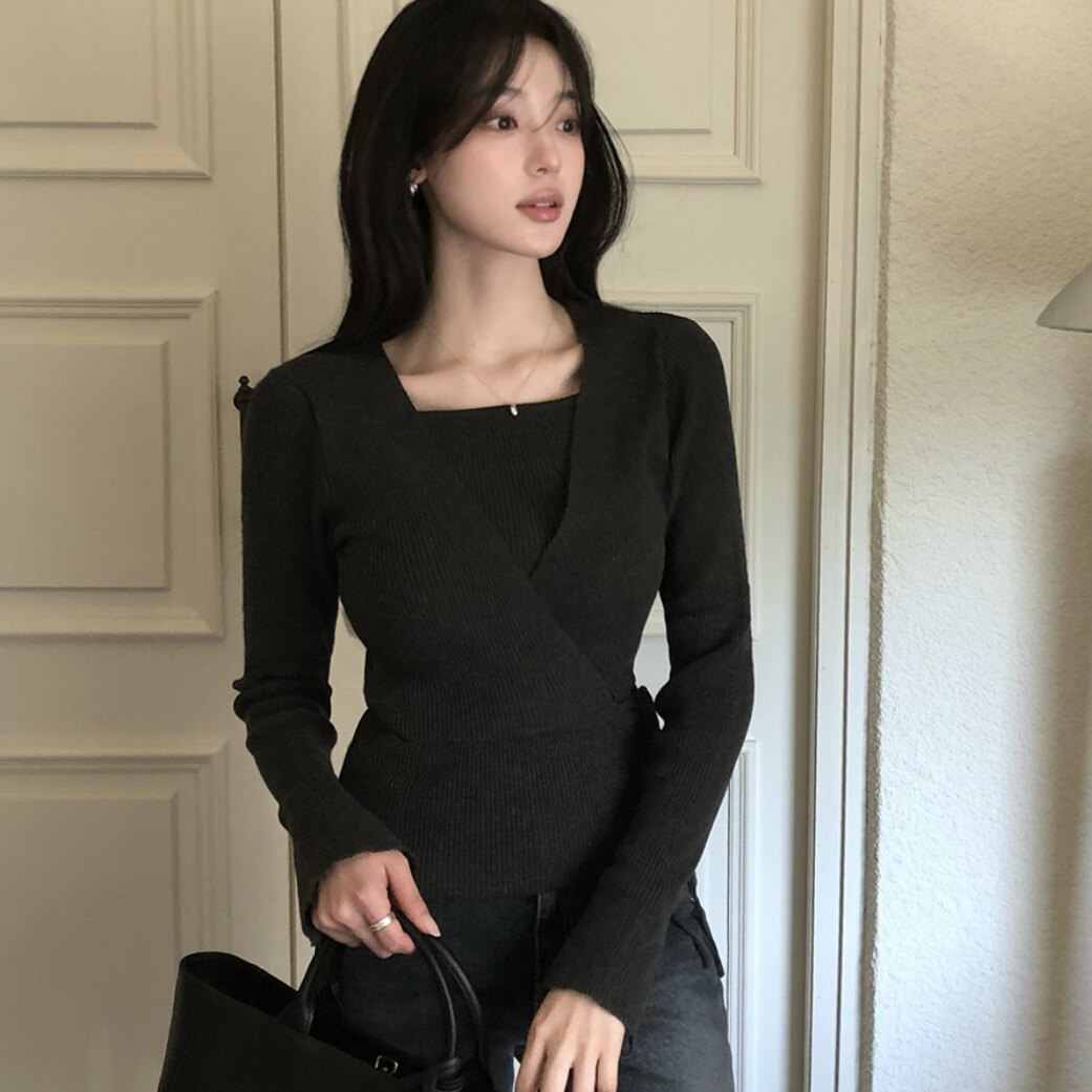韩国reine正品叠穿v领针织衫女式初秋官网代购系带设计感减龄上衣