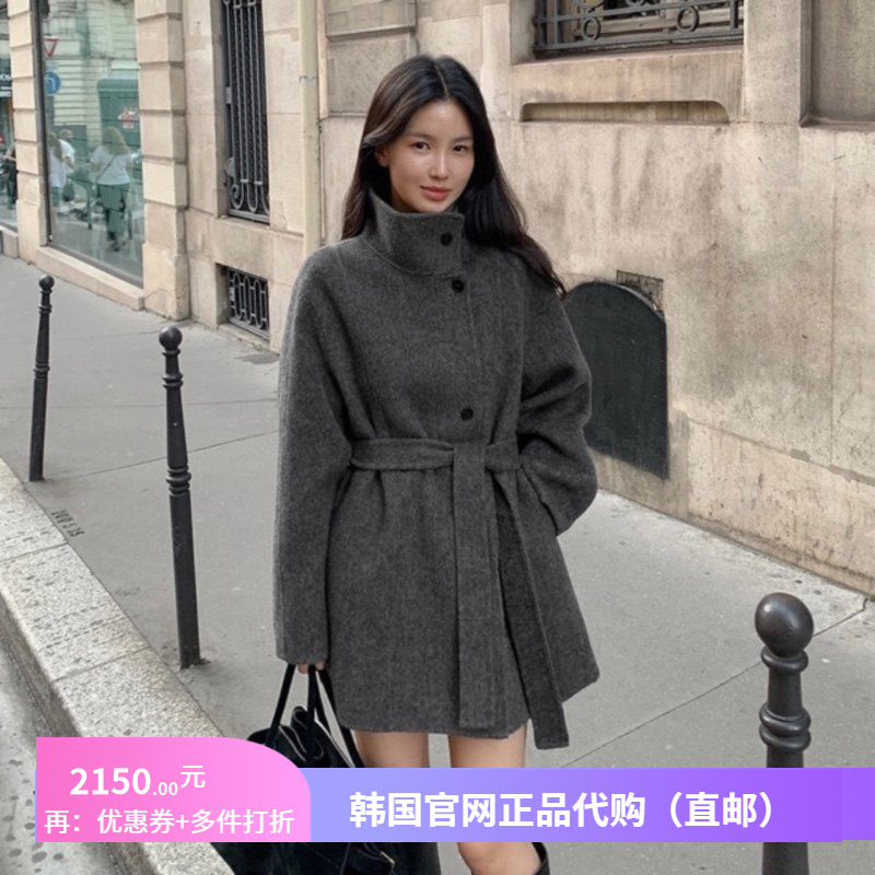 高级奢华羊毛呢外套时尚女装正品韩国代购新款系带中长款呢子大衣