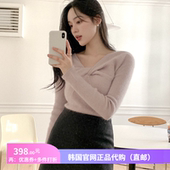 25秋冬设计感褶皱v领针织衫 软糯洋气短上衣 韩国代购 女装 reine正品