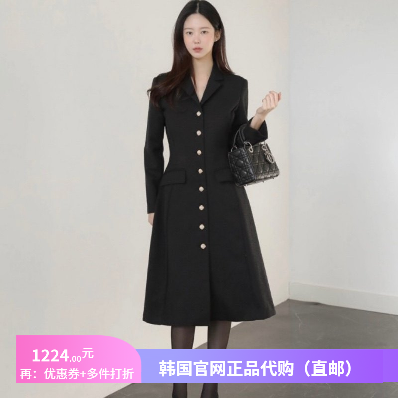 25春秋高端轻奢风粗花呢连衣裙女正品韩国代购收腰西装领a字裙子