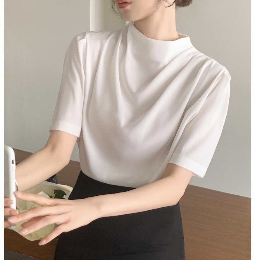 韩国正品好看衬衫褶子短袖女attrangs官网代购夏季立领设计感上衣