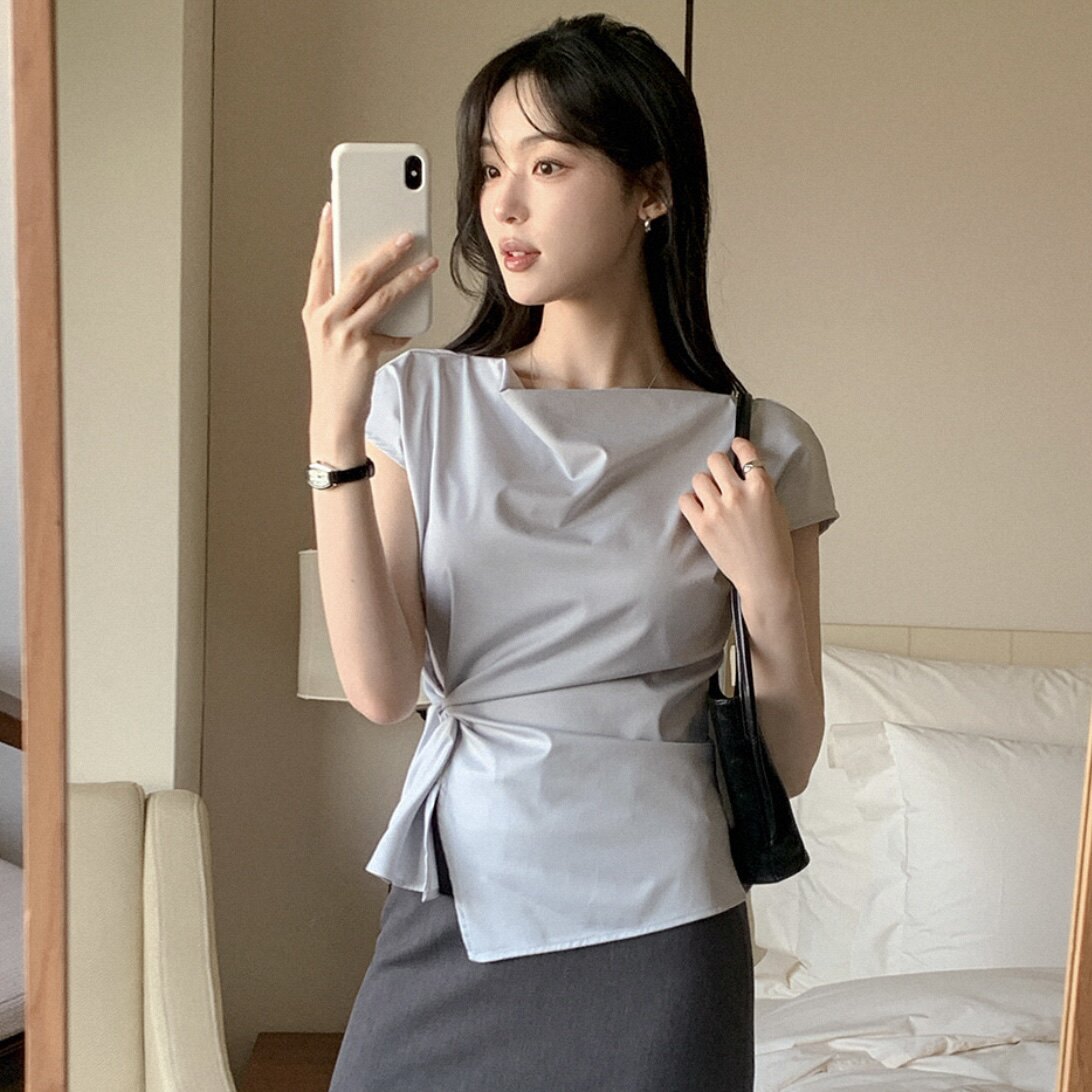 韩国代购正品衬衫短袖扭结收腰女装reine夏装新款设计感荡领上衣