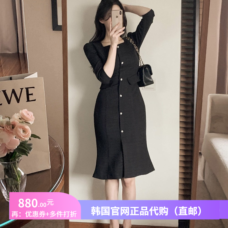 25春秋优雅气质鱼尾连衣裙女fromdayone正品韩国代购粗花呢裙子