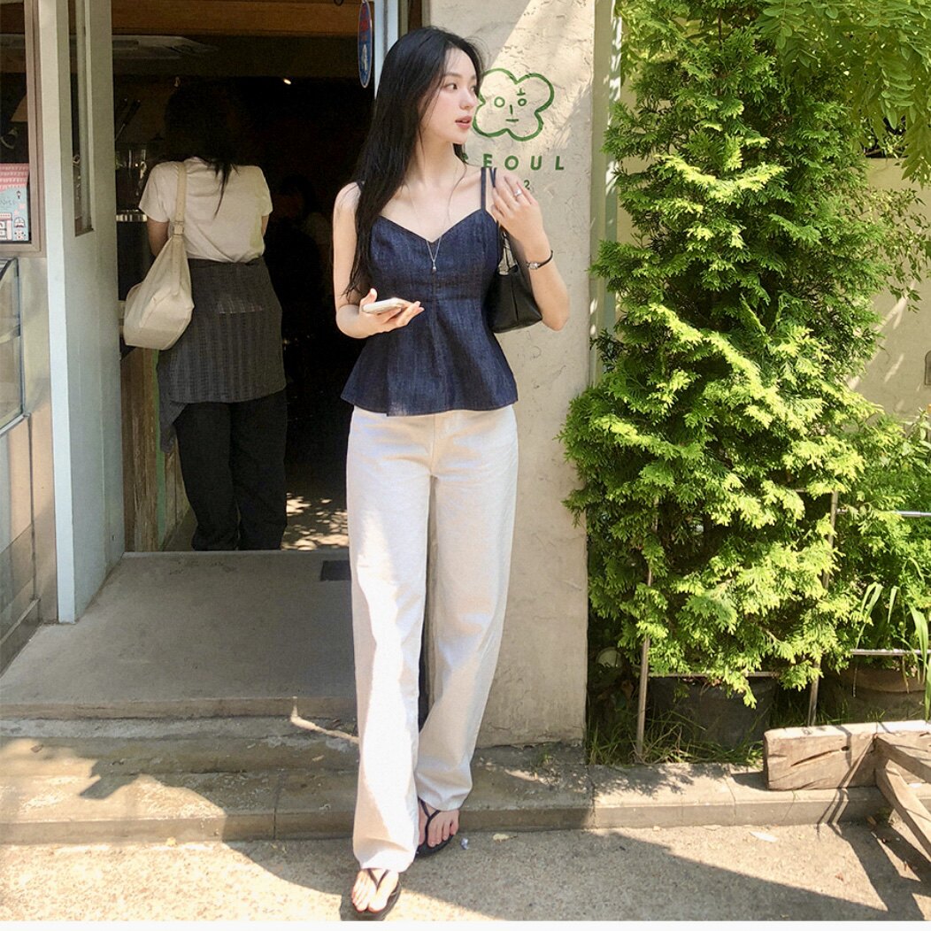 韩国官网棉休闲裤女版宽松直筒reine正品代购夏季薄款白色长裤子