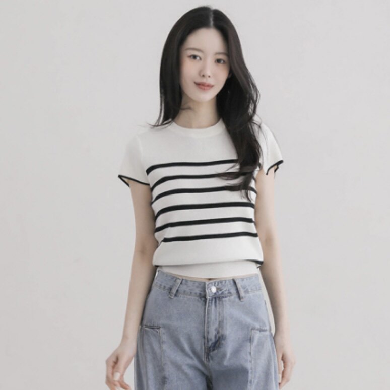 韩国代购条纹t恤薄款针织衫女式正品夏款设计感后背纽扣休闲上衣