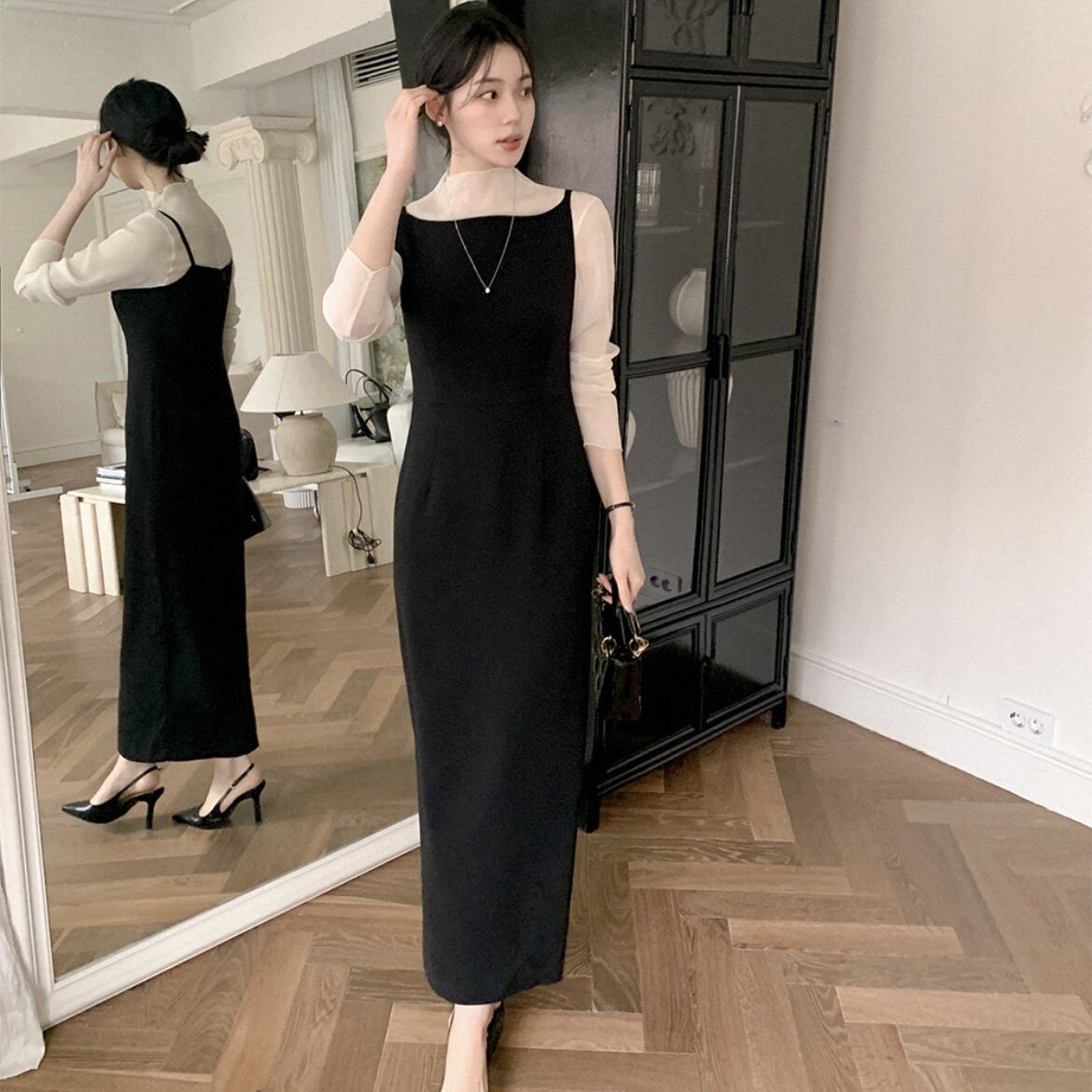 26春季高级感连衣裙无袖背心女装reine正品韩国代购黑色优雅长裙