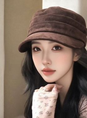 复古咖色麂皮绒平顶马术帽女秋冬