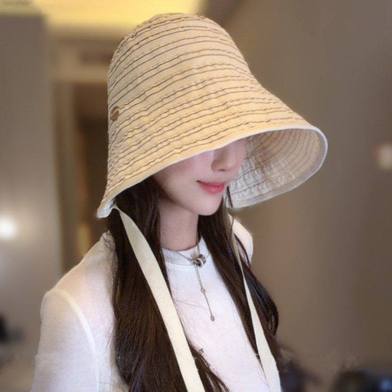 条纹系带渔夫帽女2026新款大帽檐显脸小防晒遮阳帽包头水桶盆帽子