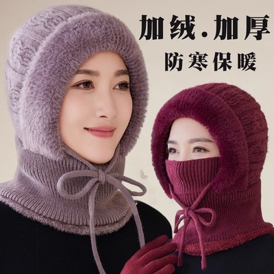 冬连体帽中老年妈妈加绒厚毛线帽