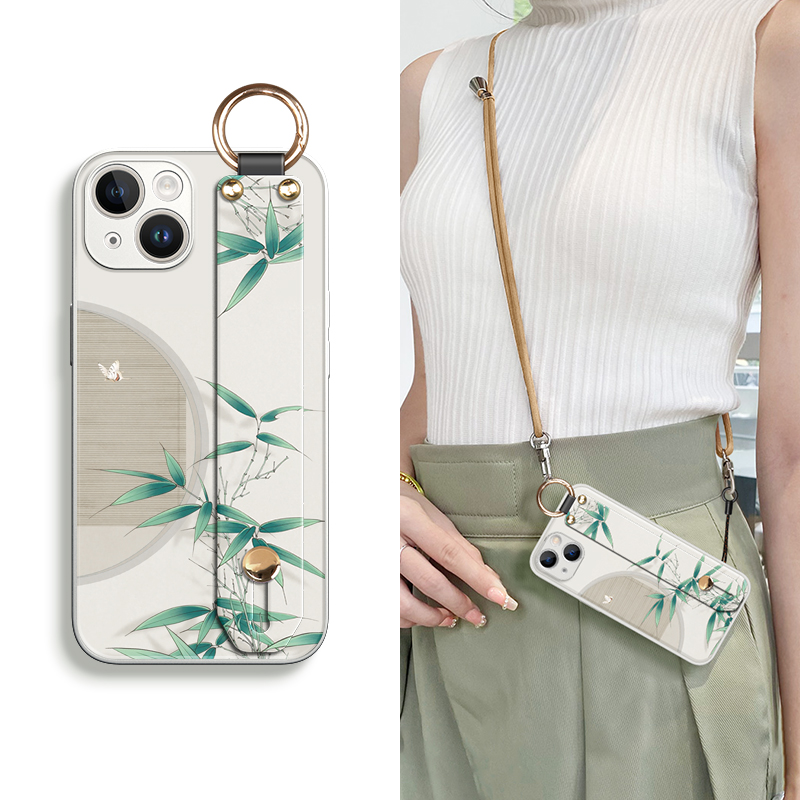 适用于苹果iphone16promax手机壳女15plus斜跨挂绳可背14腕带支架13窗前翠竹国风硅胶防摔全包边12保护套新款