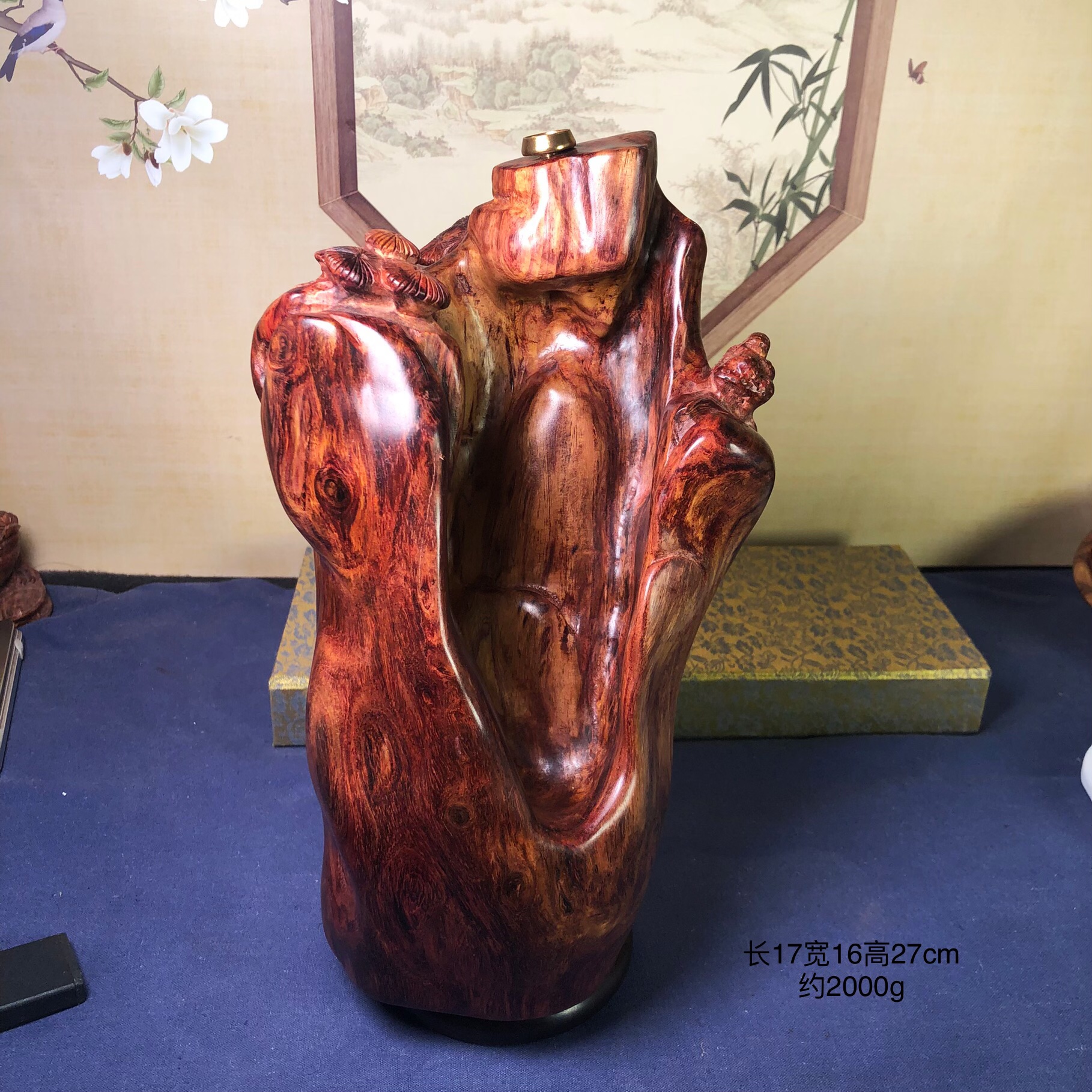 海南黄花梨紫油梨水波鬼眼【迎客松】倒流香摆件木雕根雕客厅摆设