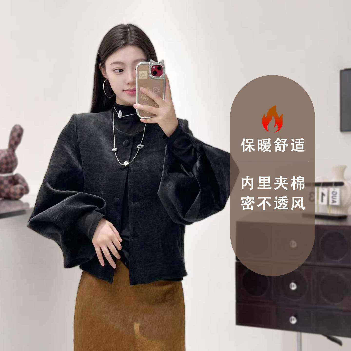 25秋冬季女装小香风泡泡袖短外套加棉棉服加厚气质显瘦抖音爆款