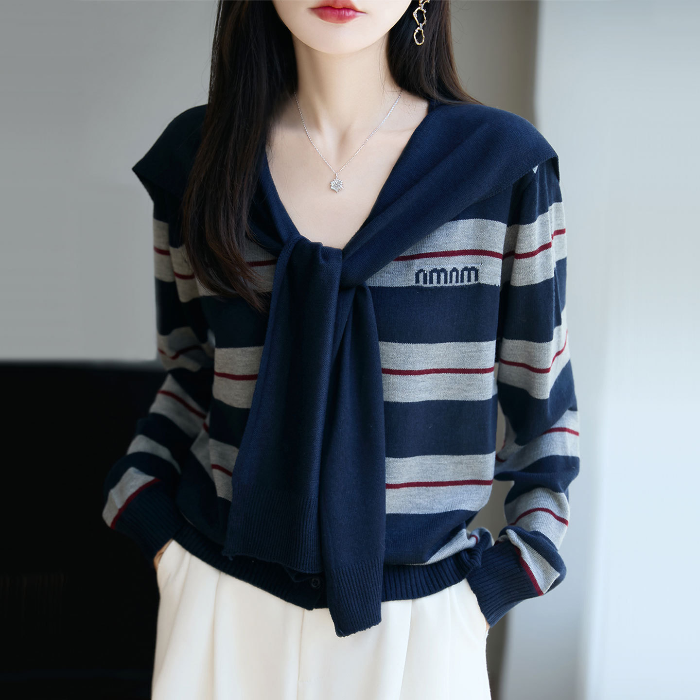 早秋新款条纹披肩针织开衫女V领宽松短款毛衣外搭潮