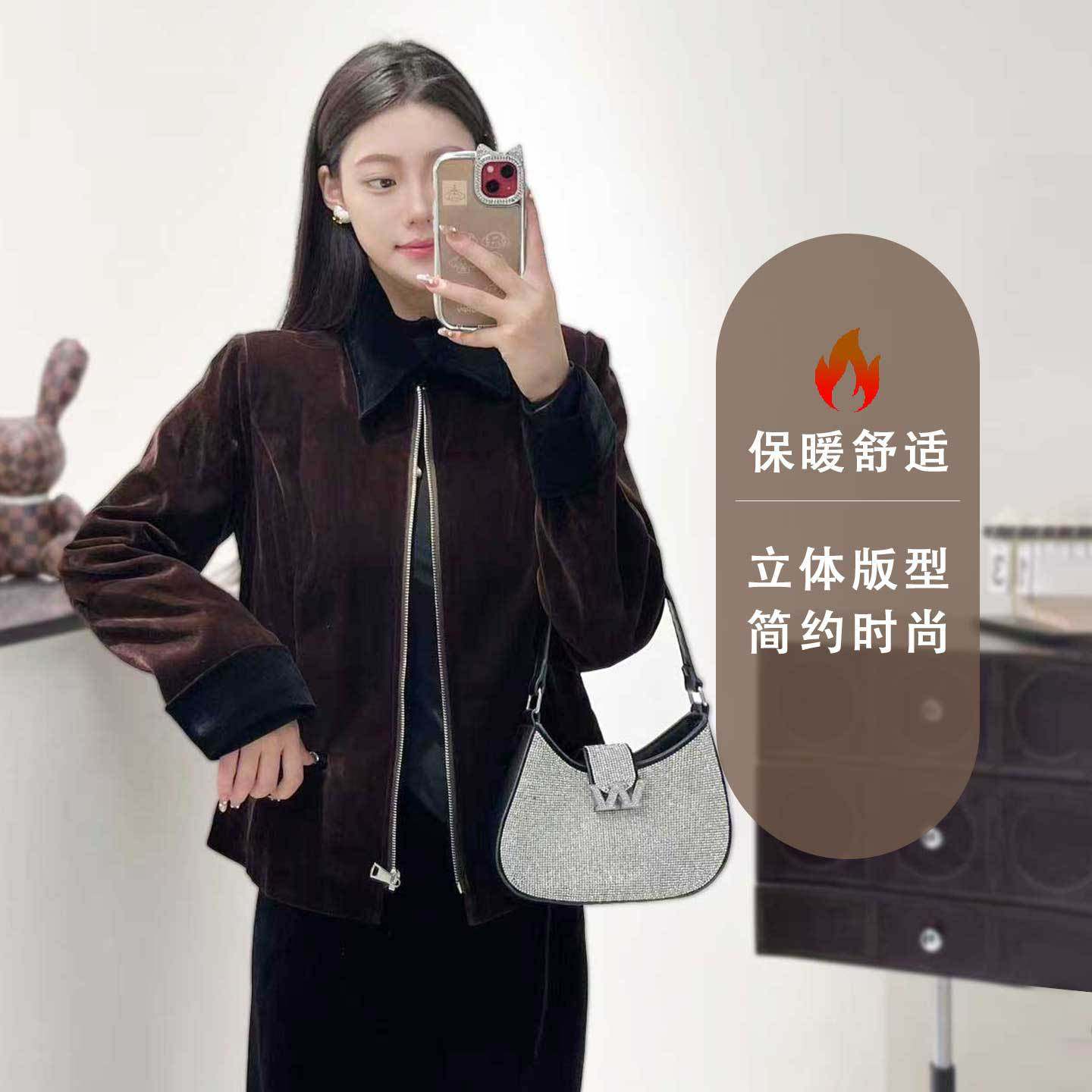 复古美拉德色金丝绒衣外套女5新秋冬加厚宽松显瘦短夹克