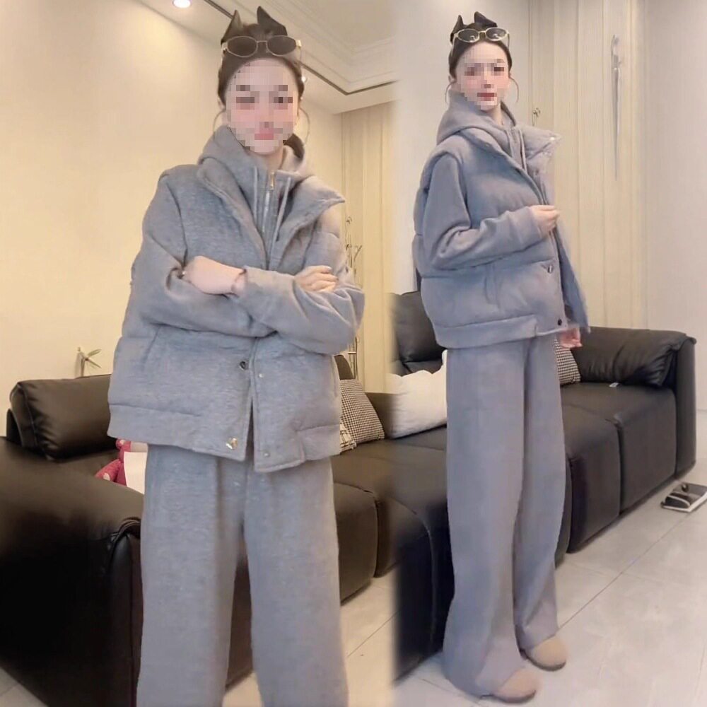 时尚休闲套装女2025冬季新款洋气棉马甲加绒连帽卫衣阔腿裤