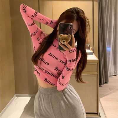 欧美辣妹字母印花长袖t恤女修身显瘦嘻哈街舞高腰露脐短款上衣ins