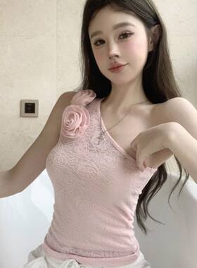 立体花朵洋气性感斜肩上衣女甜美温柔风夏季单肩吊带外穿无袖背心