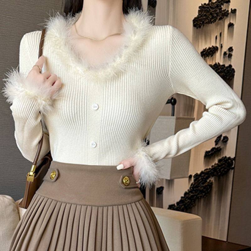 秋冬性感甜辣袖口拼接羽毛毛衣开衫女V领显瘦长袖打底针织衫上衣,女装/女士精品,短外套,淘宝优惠券,粉丝福利购,淘宝优惠卷