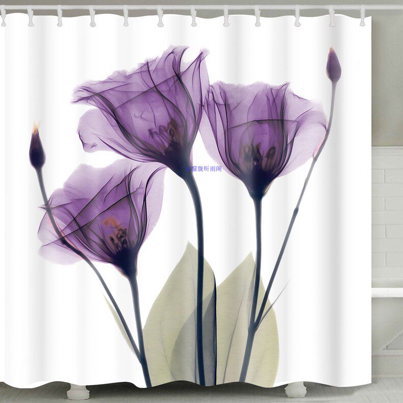 紫色郁金香数码印花涤纶防水淋浴浴帘北欧隔断浴室防霉隐私帘子