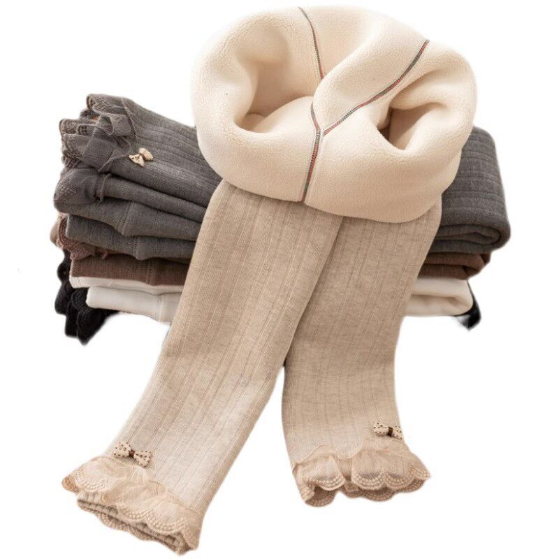 韩国女童秋冬季加绒加厚蕾丝花边打底裤儿童保暖肤白色薄绒高腰长