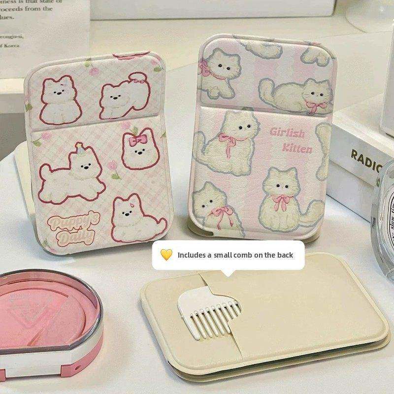 休闲Pu皮革便携小镜子可折叠手持迷你化妆镜便携式桌面化妆镜学生