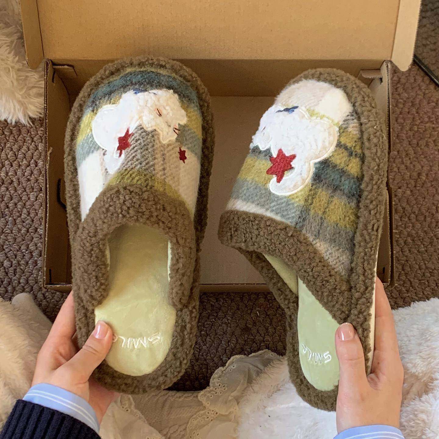 格纹猫咪棉拖鞋男款居家情侣棉拖冬鞋室内保暖加厚毛拖鞋女冬厚底