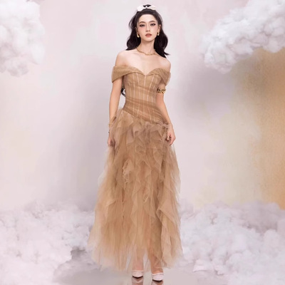 越南小众设计师女装2025年新款气质温柔公主风一字领连衣裙礼服裙