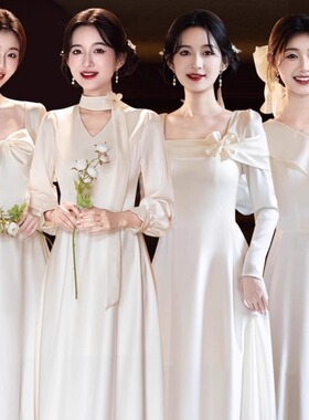 出租伴娘服礼服裙2026新款春夏季长袖缎面平时可穿婚礼姐妹团高级