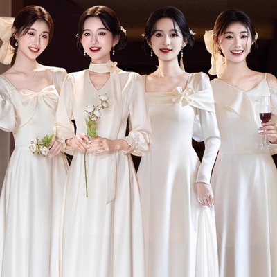 出租伴娘服礼服裙2025新款秋冬季长袖缎面平时可穿婚礼姐妹团高级