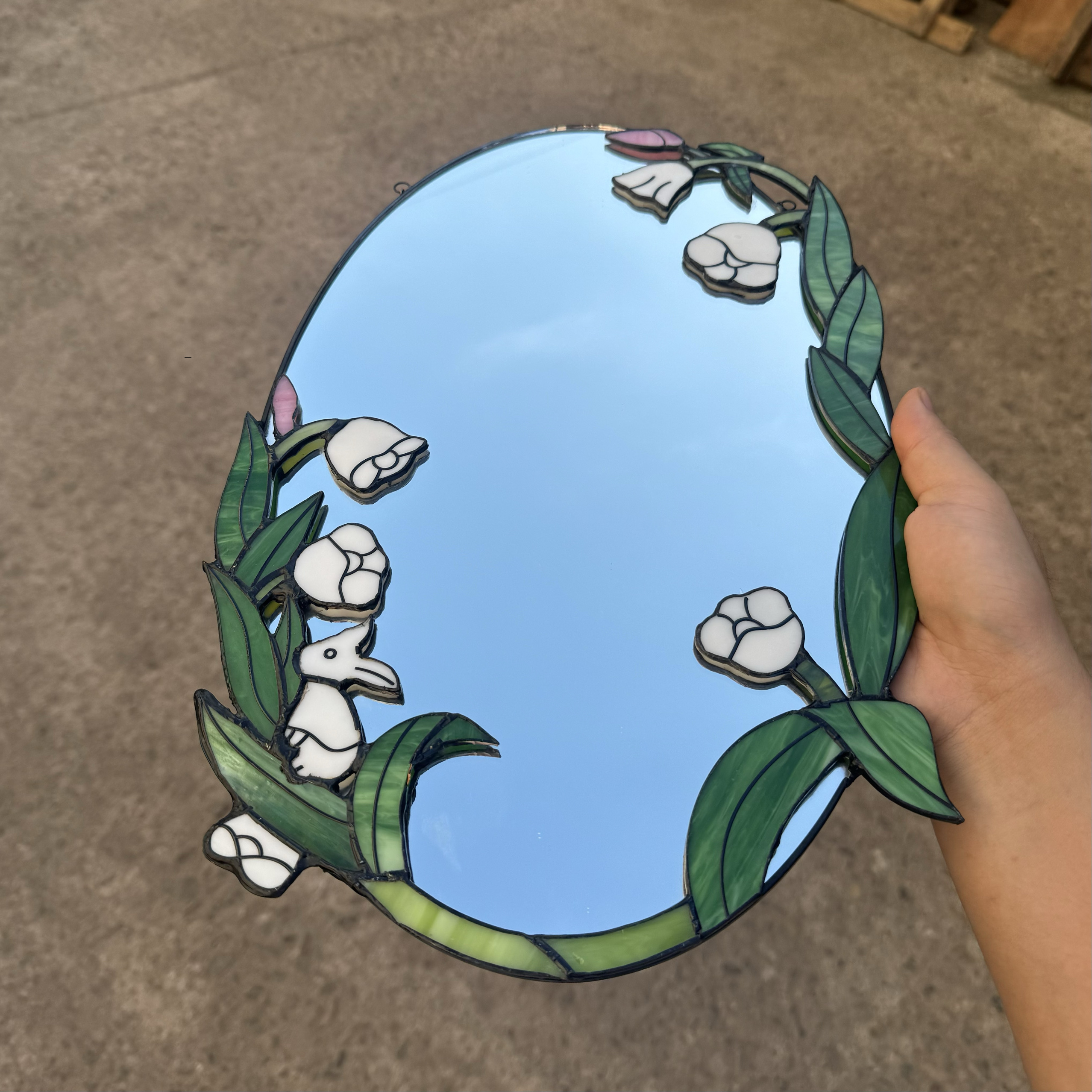 复古蒂凡尼玻璃镜子铃兰兔子卡通壁挂镜花园装饰杂货花房