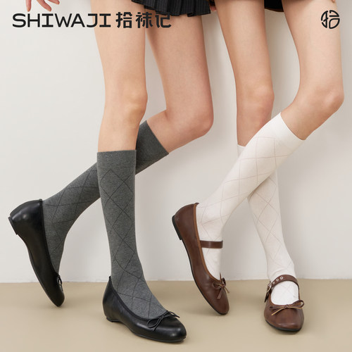 复古菱格小腿袜美腿显瘦无骨袜