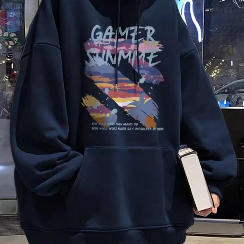 美式潮牌日系连帽加绒卫衣男女秋