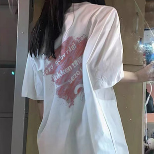 体恤上衣服 美式 复古高街潮牌正肩短袖 T恤女夏装 港味chic宽松半袖