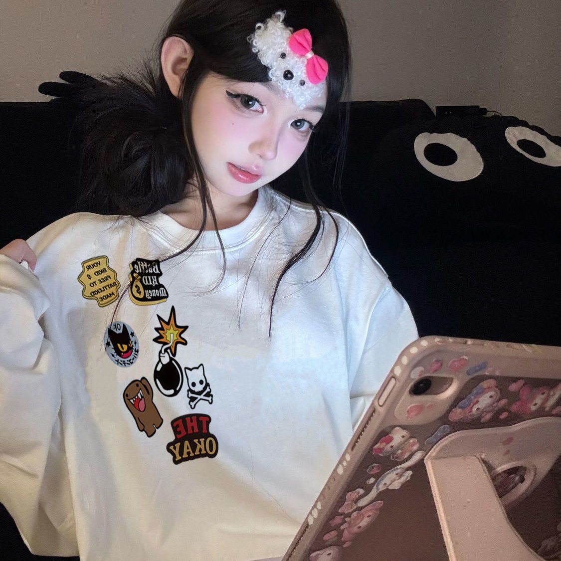 美式创意卡通印花圆领卫衣男女秋