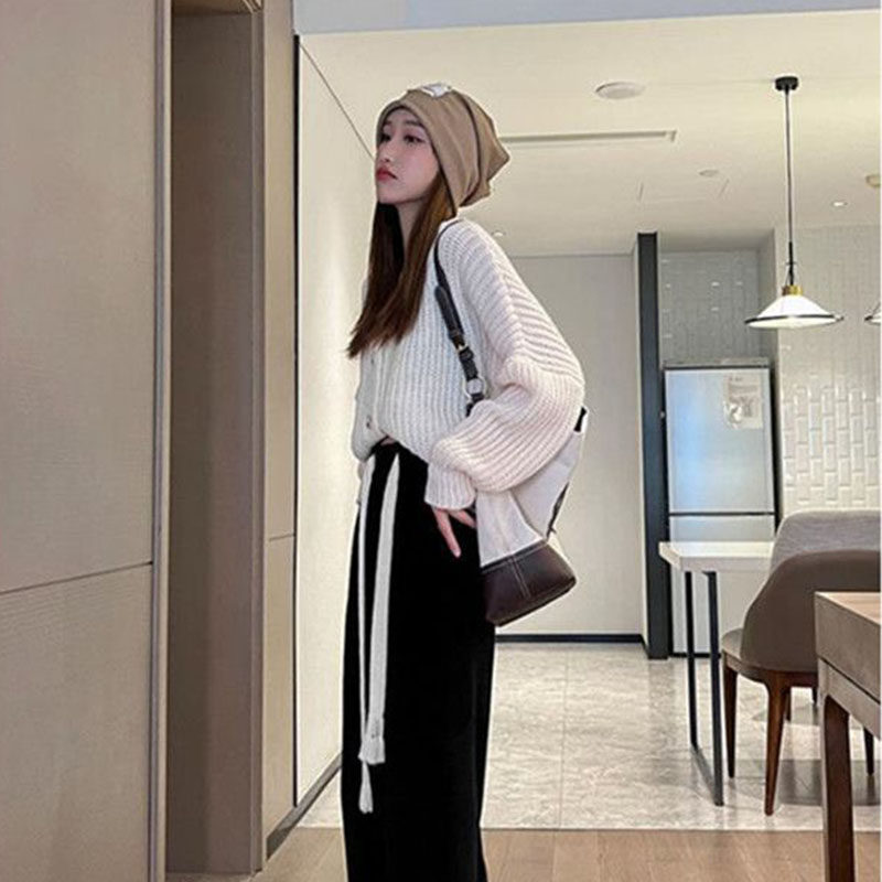 여학생을 위한 드로스트링 블랙 와이드 레그 팬츠 봄 여름 신상 하이웨이스트 루즈하고 다재다능한 드레이프 캐주얼 스포츠 스트레이트 팬츠