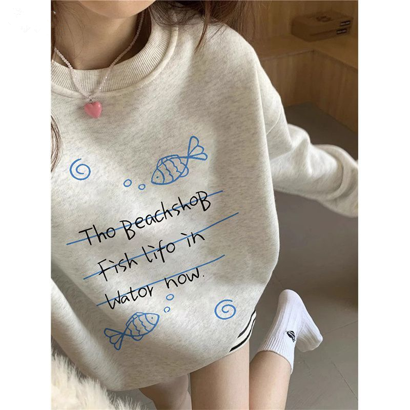 卡通趣味秋冬季加绒加厚卫衣女美式宽松休闲情侣圆领套头长袖上衣