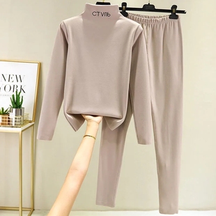 套装 德绒自发热打底衫 女秋冬半高领保暖双面加绒加厚上衣秋衣秋裤