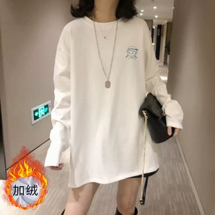遮屁股长袖 加绒高级感宽松中长款 t恤上衣 女秋冬季 白色内搭打底衫