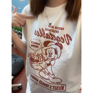 正肩宽松显瘦设计感上衣 100%纯棉美式 复古卡通短袖 t恤女夏季 新款