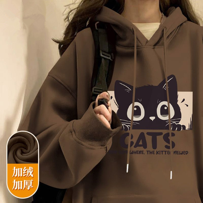 100%纯棉美式复古加绒卫衣女秋冬