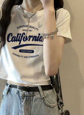 白色字母正肩短袖T恤女夏2026新款欧货修身短款上衣小衫打底衫ins