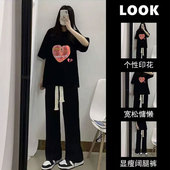 新款 宽松T恤休闲显瘦阔腿裤 时尚 女2024学生韩版 两件套潮 套装 夏季