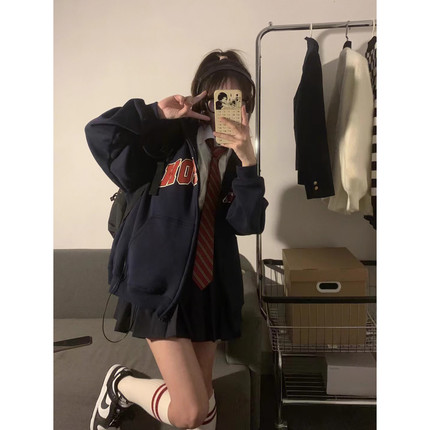 美式慵懒风连帽开衫加绒卫衣女秋冬2024新款学生宽松拉链加厚外套