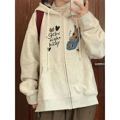 100%纯棉美式复古开衫拉链卫衣女