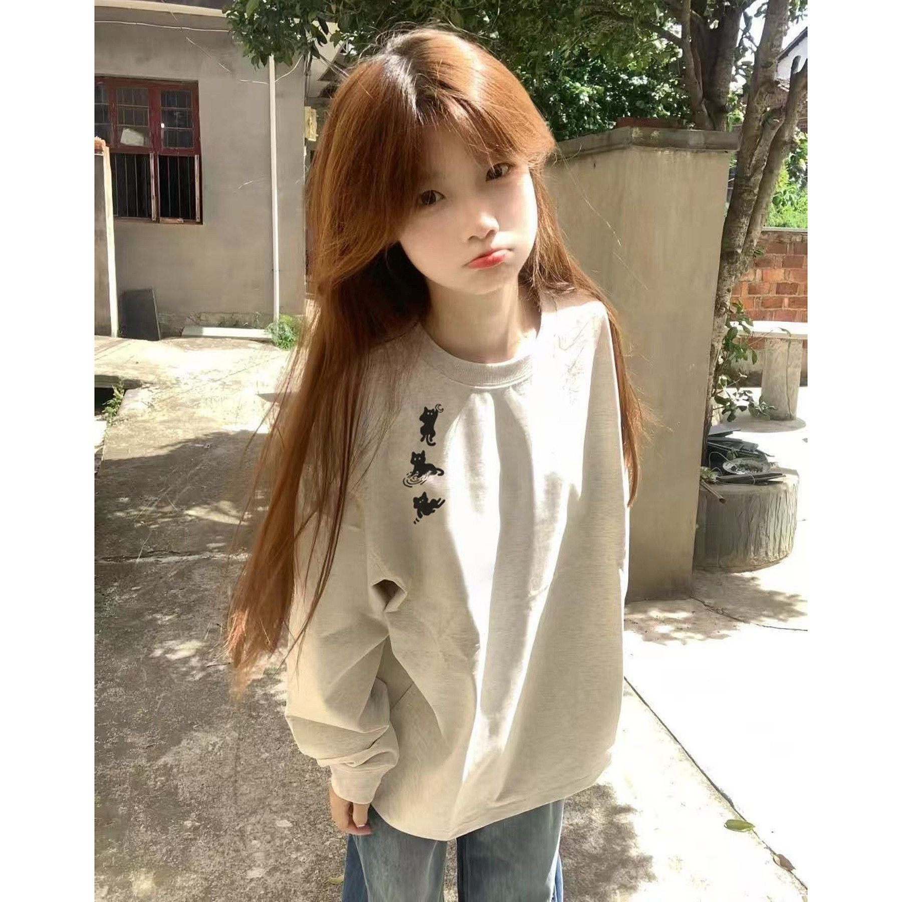美式国潮重磅长袖t恤女学生宽松春秋百搭打底衫内搭上衣圆领卫衣