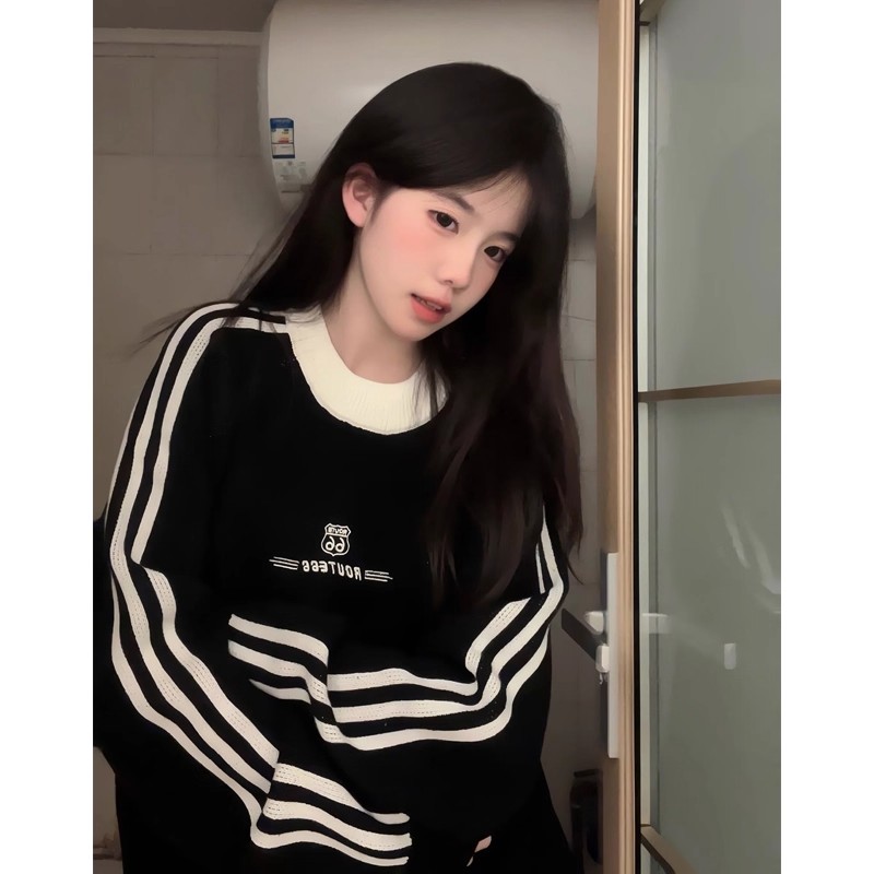 美式潮牌插肩圆领卫衣女秋冬加绒