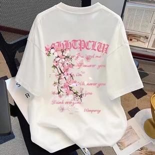 潮牌宽松上衣ins 100%纯棉美式 花卉字母印花短袖 T恤男女夏季 情侣款