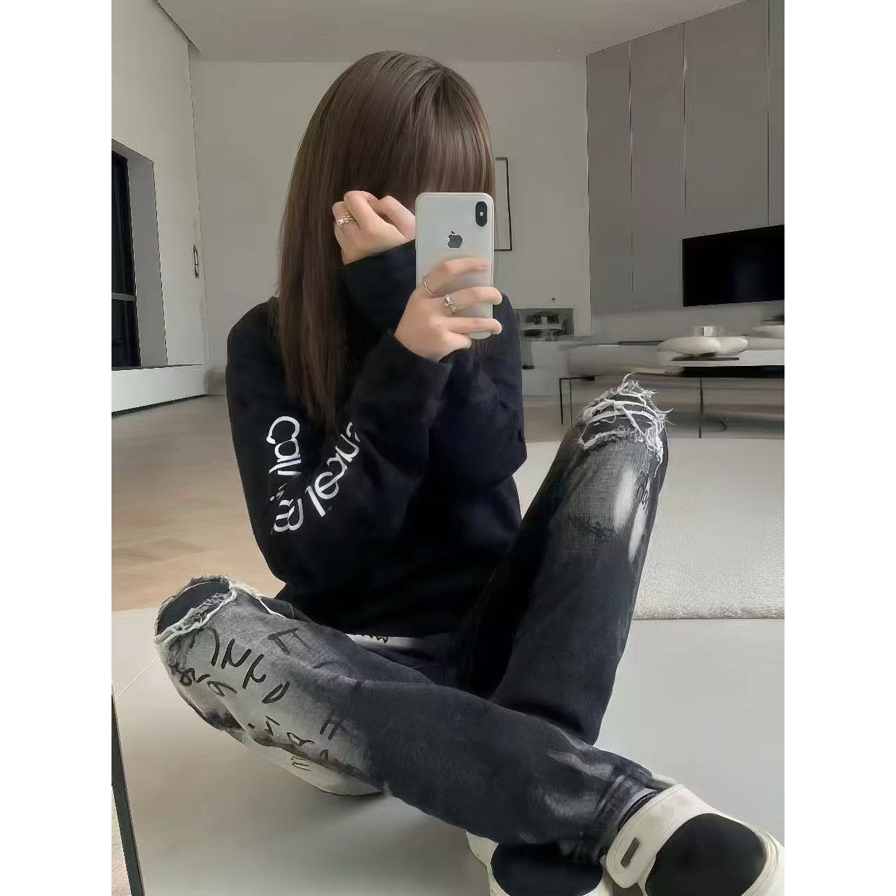 美式高街潮牌纯棉长袖t恤女百搭