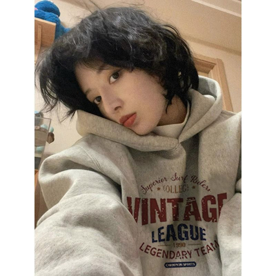 100%纯棉美式字母印花连帽卫衣女