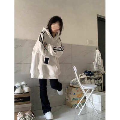 国潮拼接条纹三条杠连帽卫衣女秋